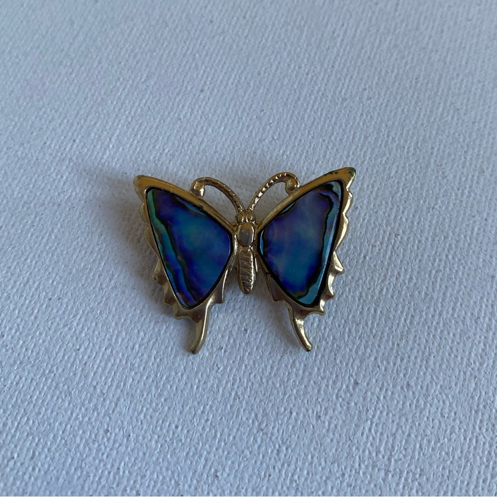Vintage Butterfly Pin Paua Abalone Shell Gold Plated
